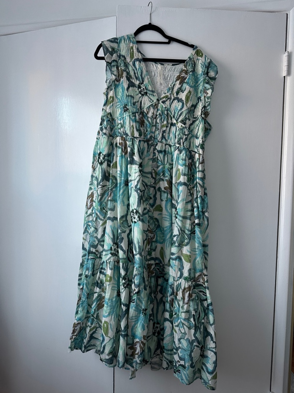 Anthropologie Women’s Sleeveless Floral Tiered Dress in Teal and White
